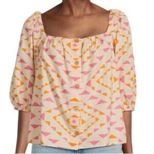 Faherty Sun Road Cali Boho Square Neck Puff Sleeve Geometric Blouse Size Small